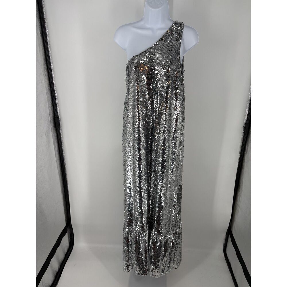 Silver Sequin One Shoulder Maxi Dress - Picture 1 of 8